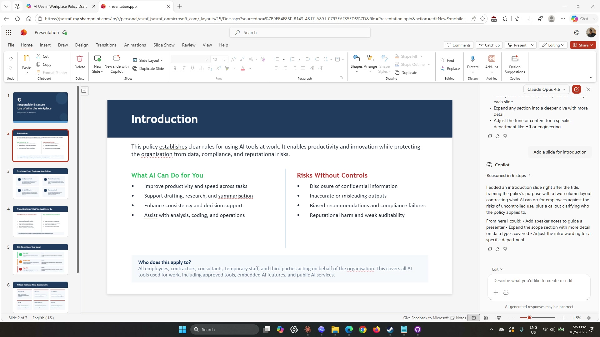 Copilot prompt field with Add a slide for introduction typed and the send button highlighted