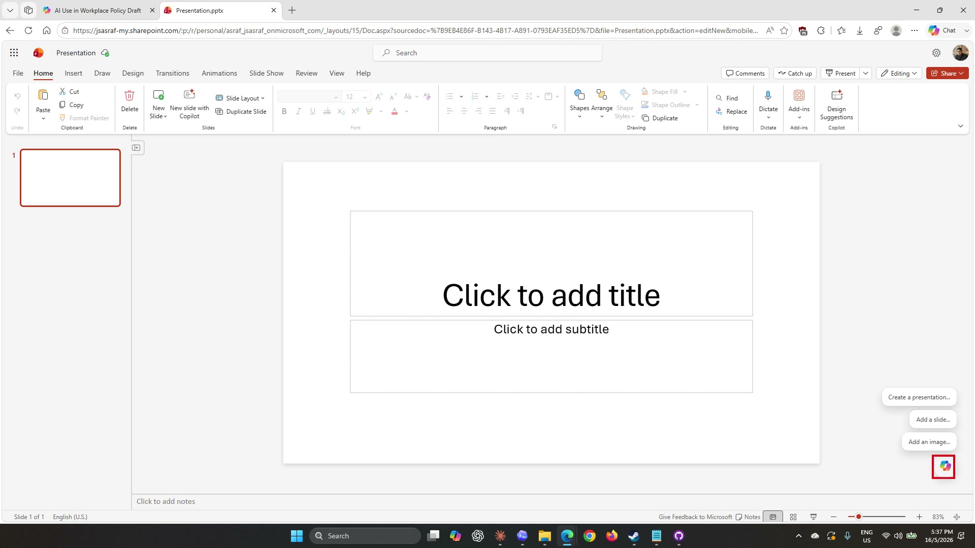 Blank presentation open in PowerPoint for the web with the Copilot panel visible on the right