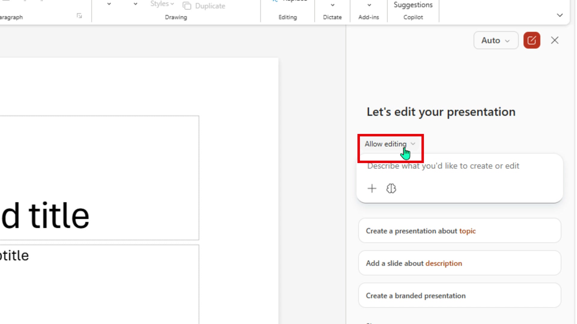 Copilot panel open showing the Allow editing dropdown highlighted with a red box