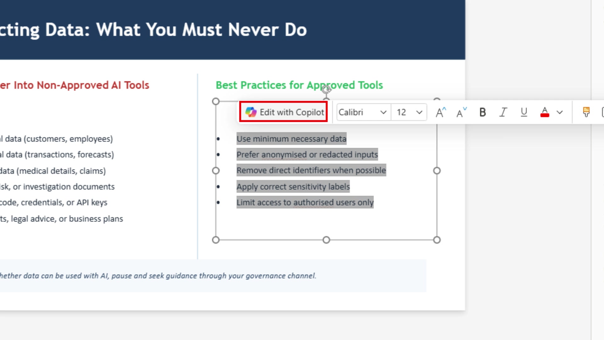 Floating toolbar above selected text showing the Edit with Copilot button highlighted with a red box