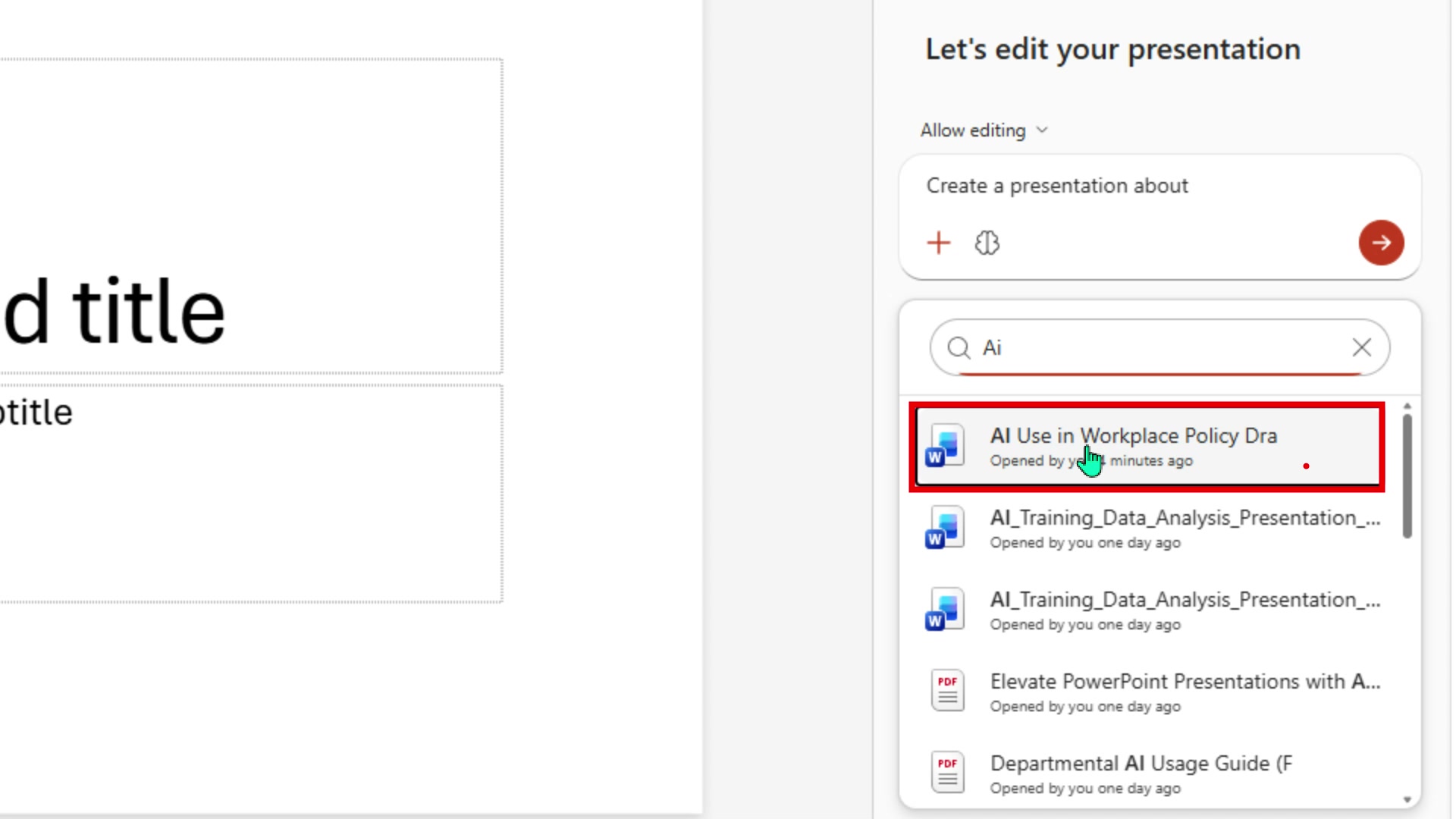 File search result with AI Use in Workplace Policy Dra highlighted with a red box
