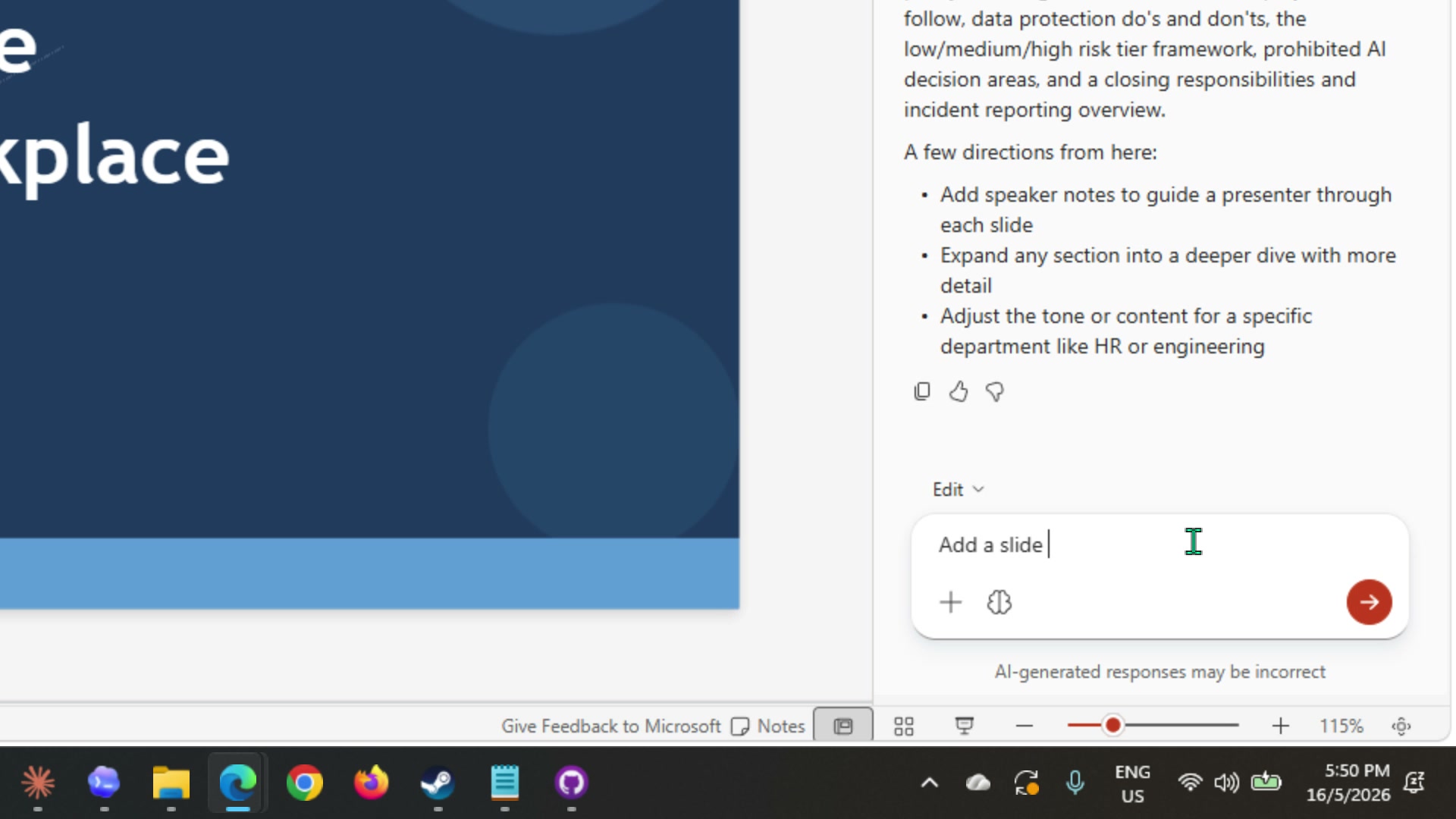 Generated presentation showing slide 2 Introduction with two-column layout and Copilot explaining what it created