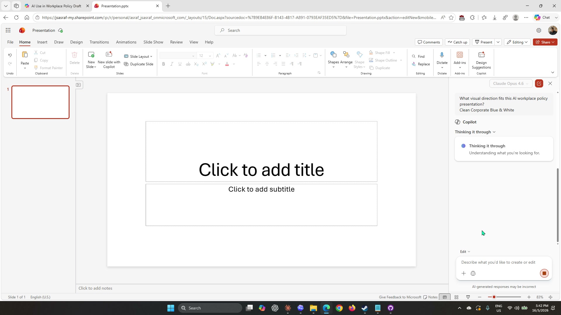PowerPoint editor showing the Copilot panel in Thinking it through state while generating slides