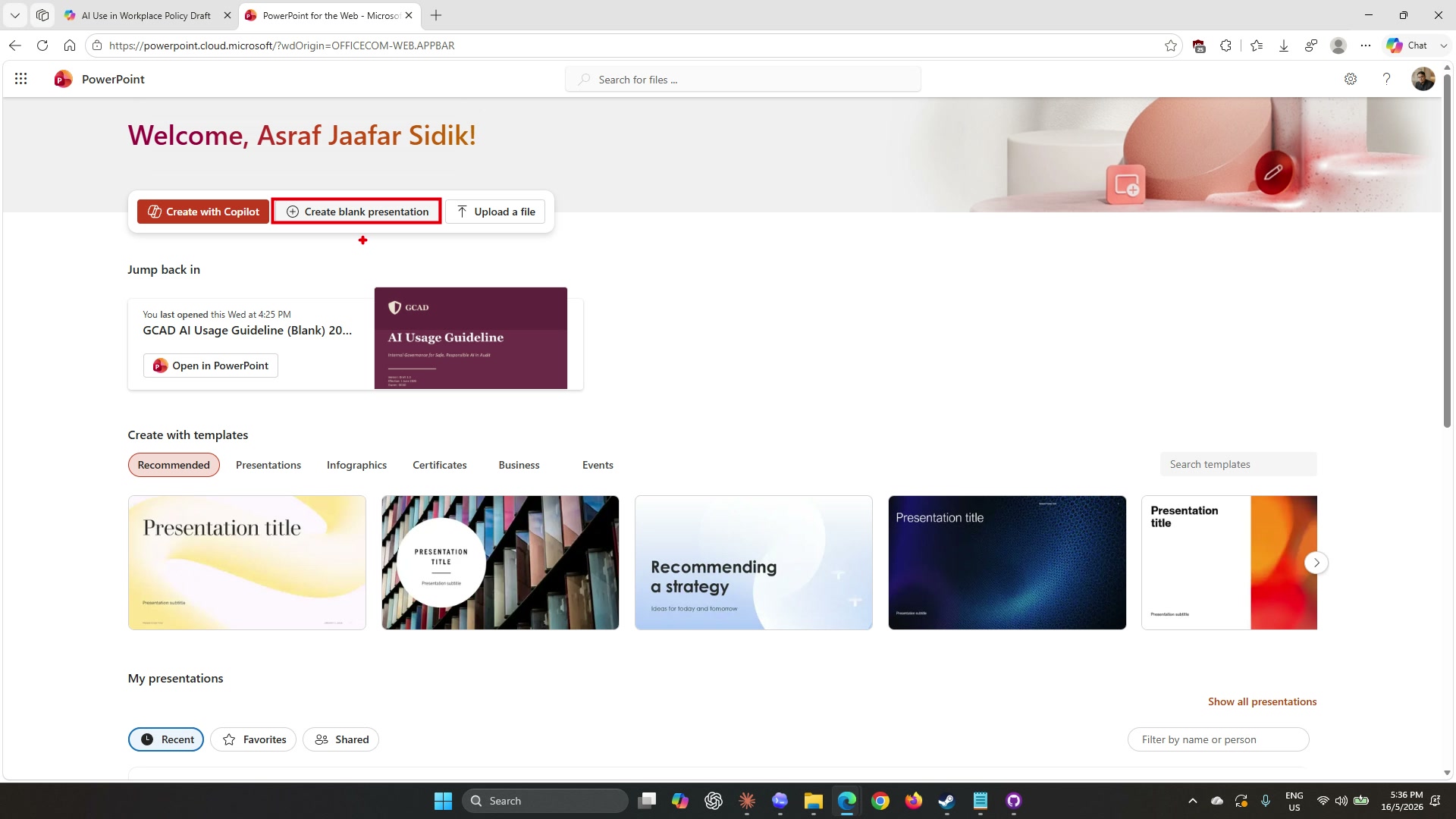 PowerPoint for the web start page showing Create blank presentation, Create with Copilot, and Upload a file buttons