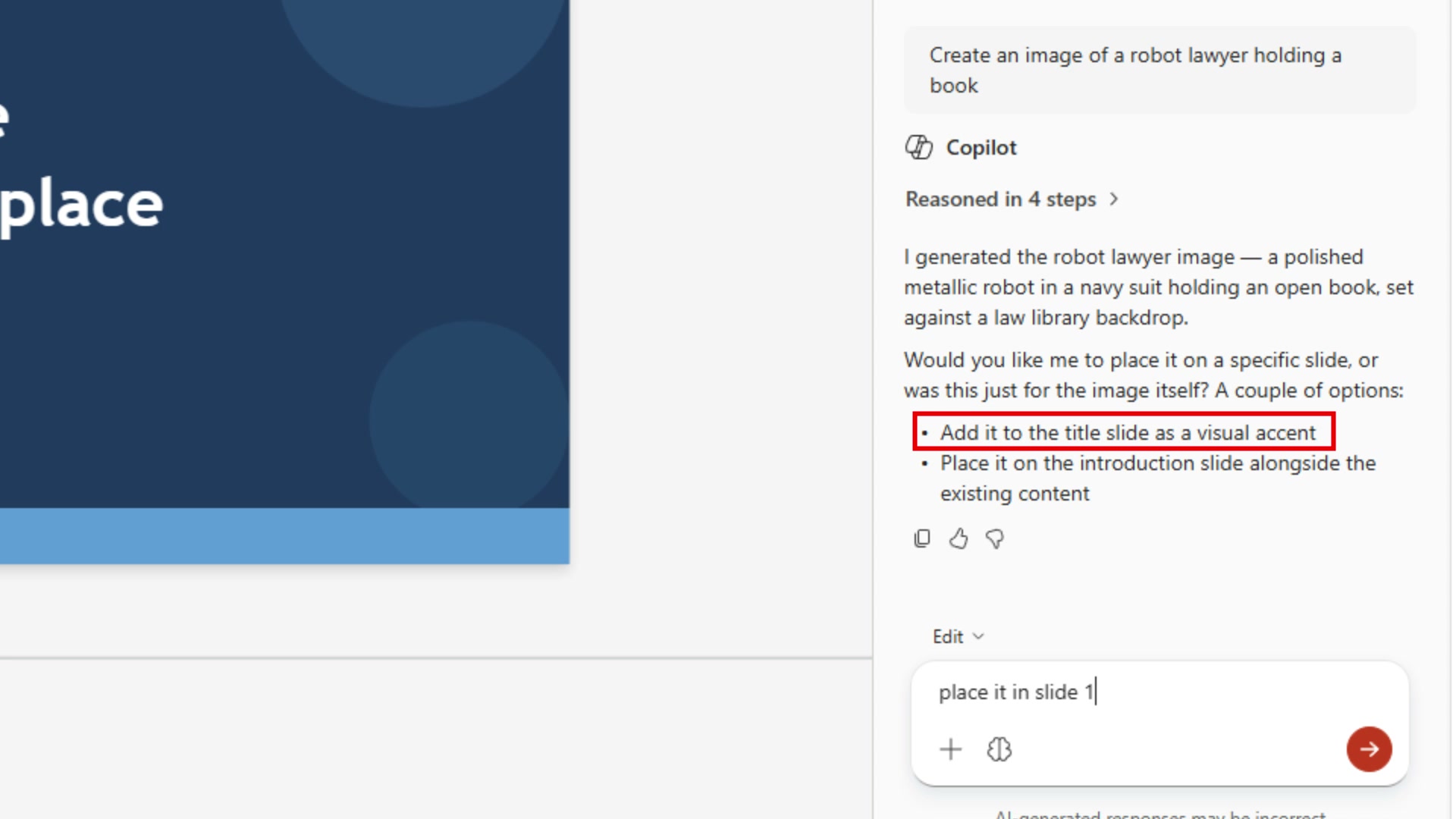 Copilot showing the generated image placement options with Add it to the title slide highlighted in red, and the follow-up prompt place it in slide 1 typed below