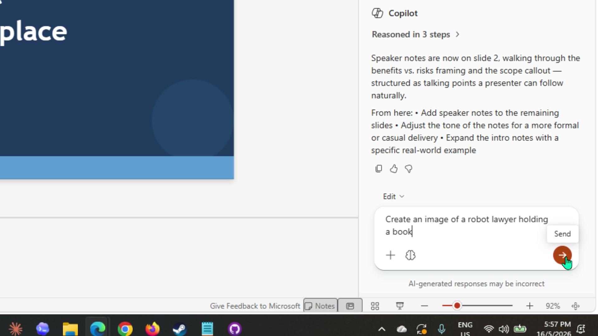 Copilot prompt field with the image prompt typed and the send button visible