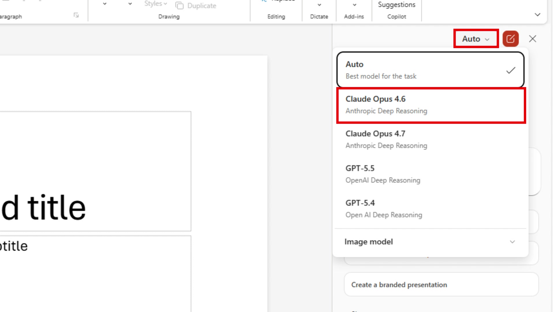 Model selector dropdown open showing Auto and Claude Opus 4.6 as available options