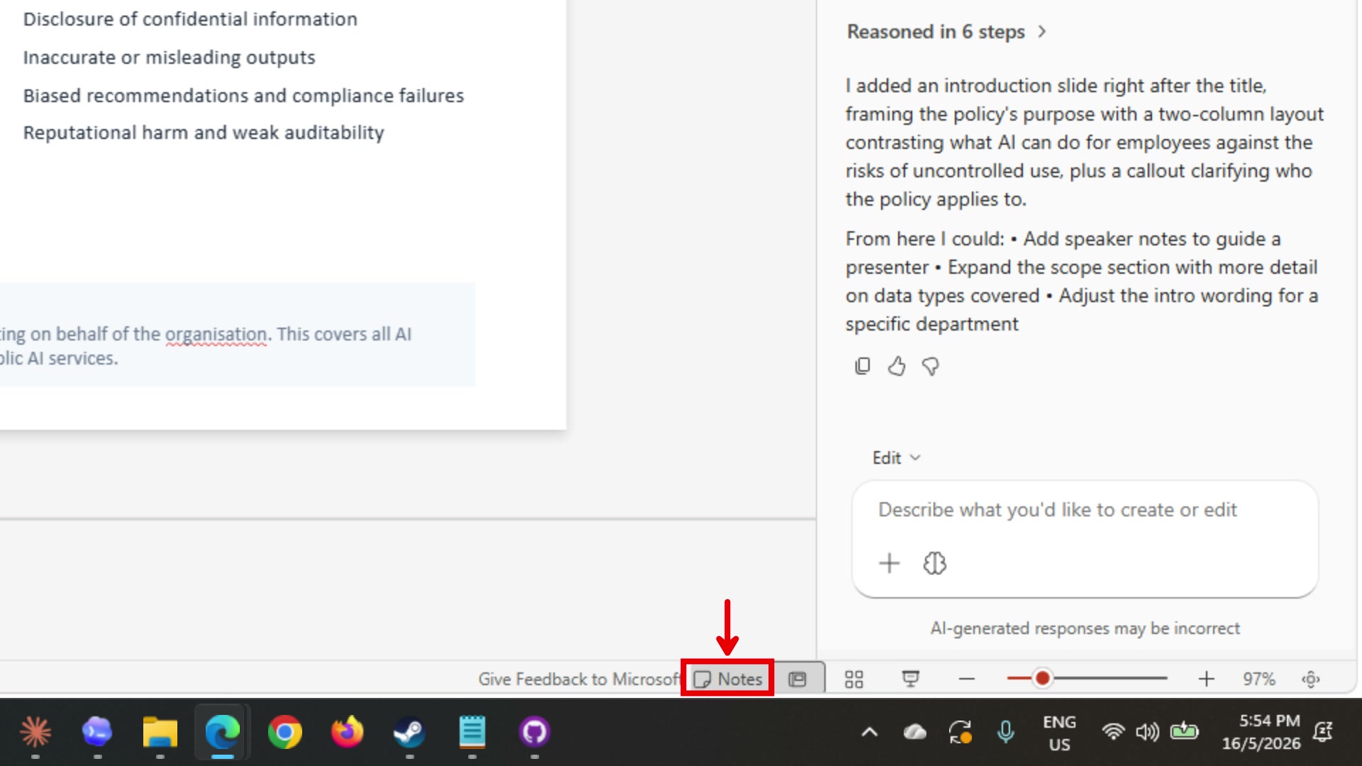 Bottom of the PowerPoint editor showing the Notes button highlighted with a red box and arrow