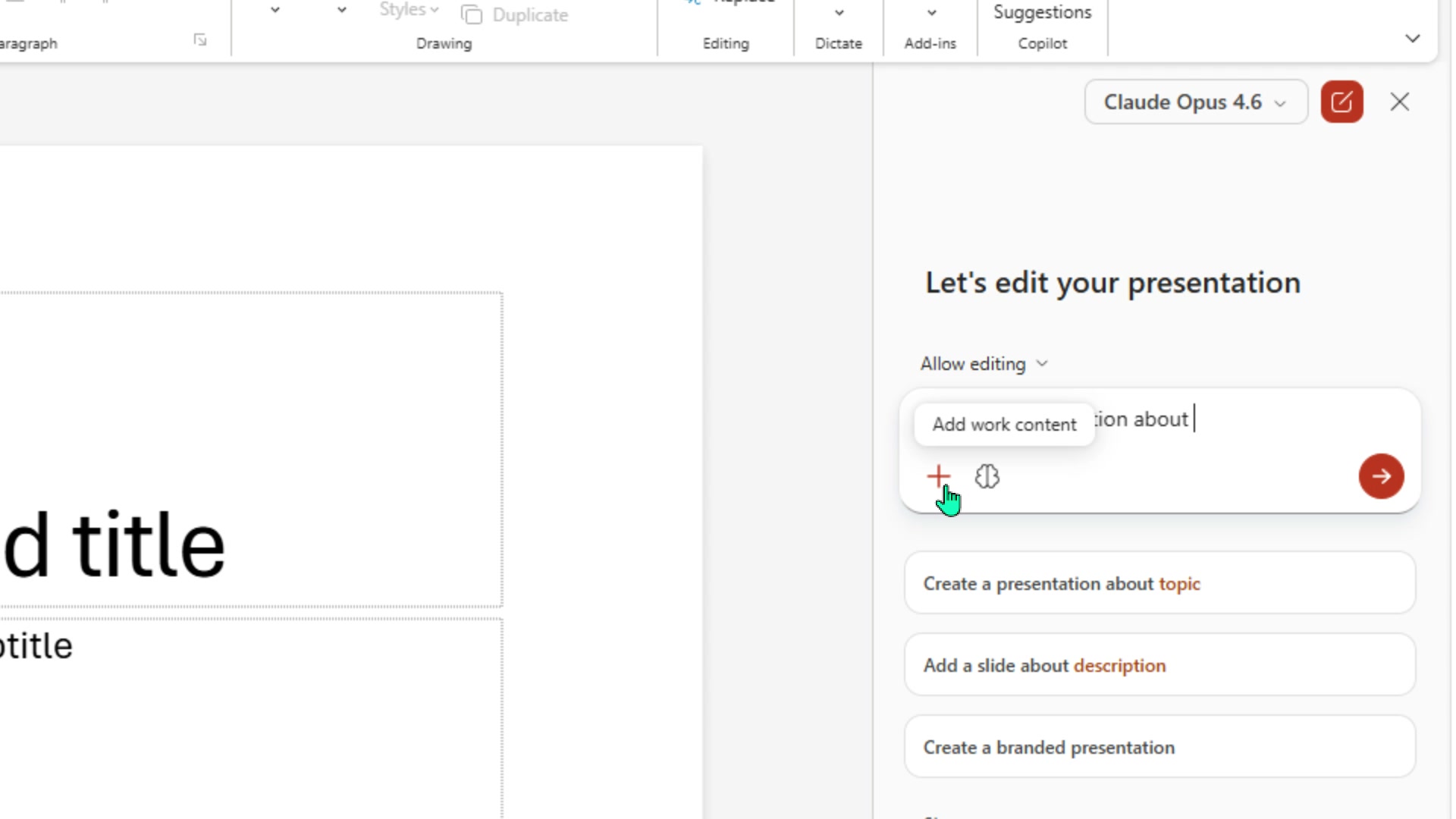 Copilot prompt field with the plus icon highlighted and Add work content tooltip visible