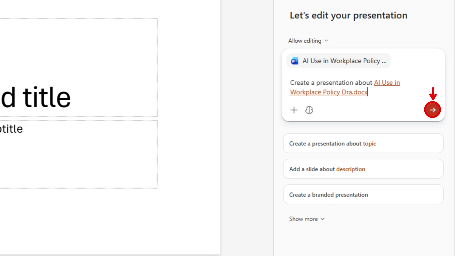 Prompt field showing the attached file name with a red arrow pointing to the send button