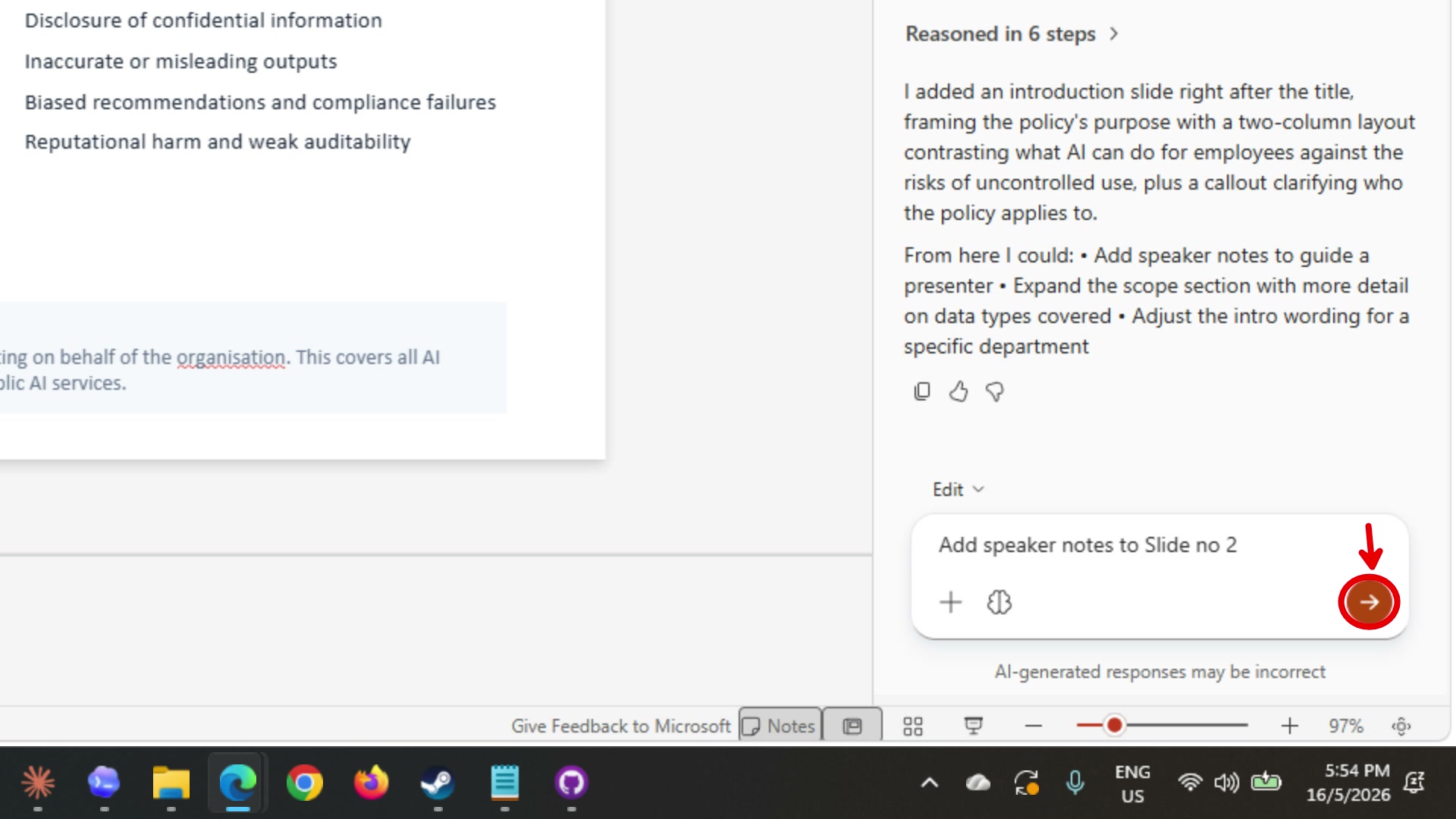 Copilot prompt field showing Add speaker notes to Slide no 2 with red arrow pointing to the send button