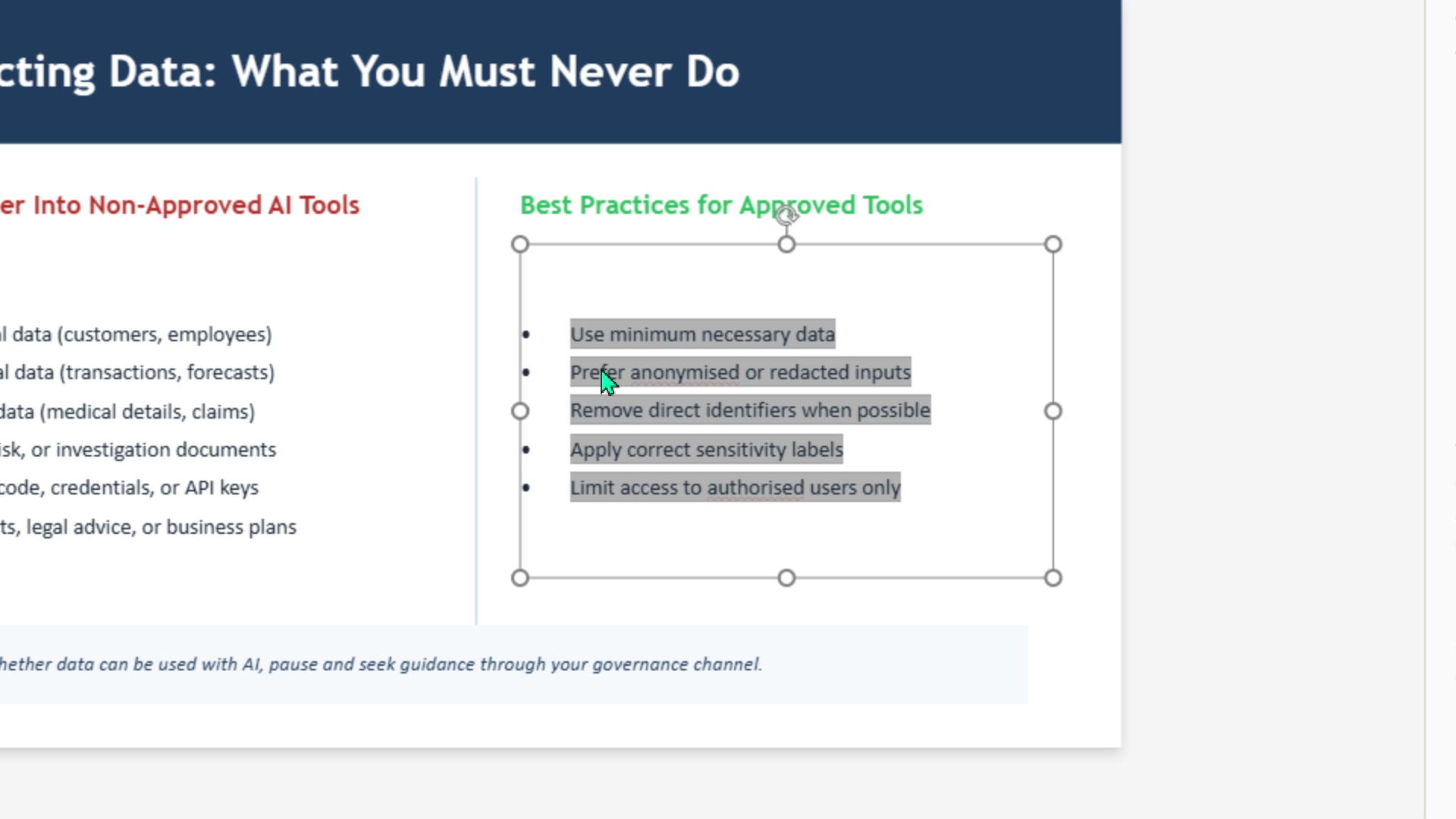 Slide with a text box selected showing highlighted bullet points ready for editing