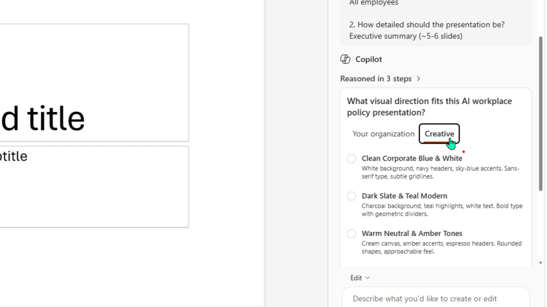 Visual direction question showing Creative tab selected and Clean Corporate Blue and White as the first style option