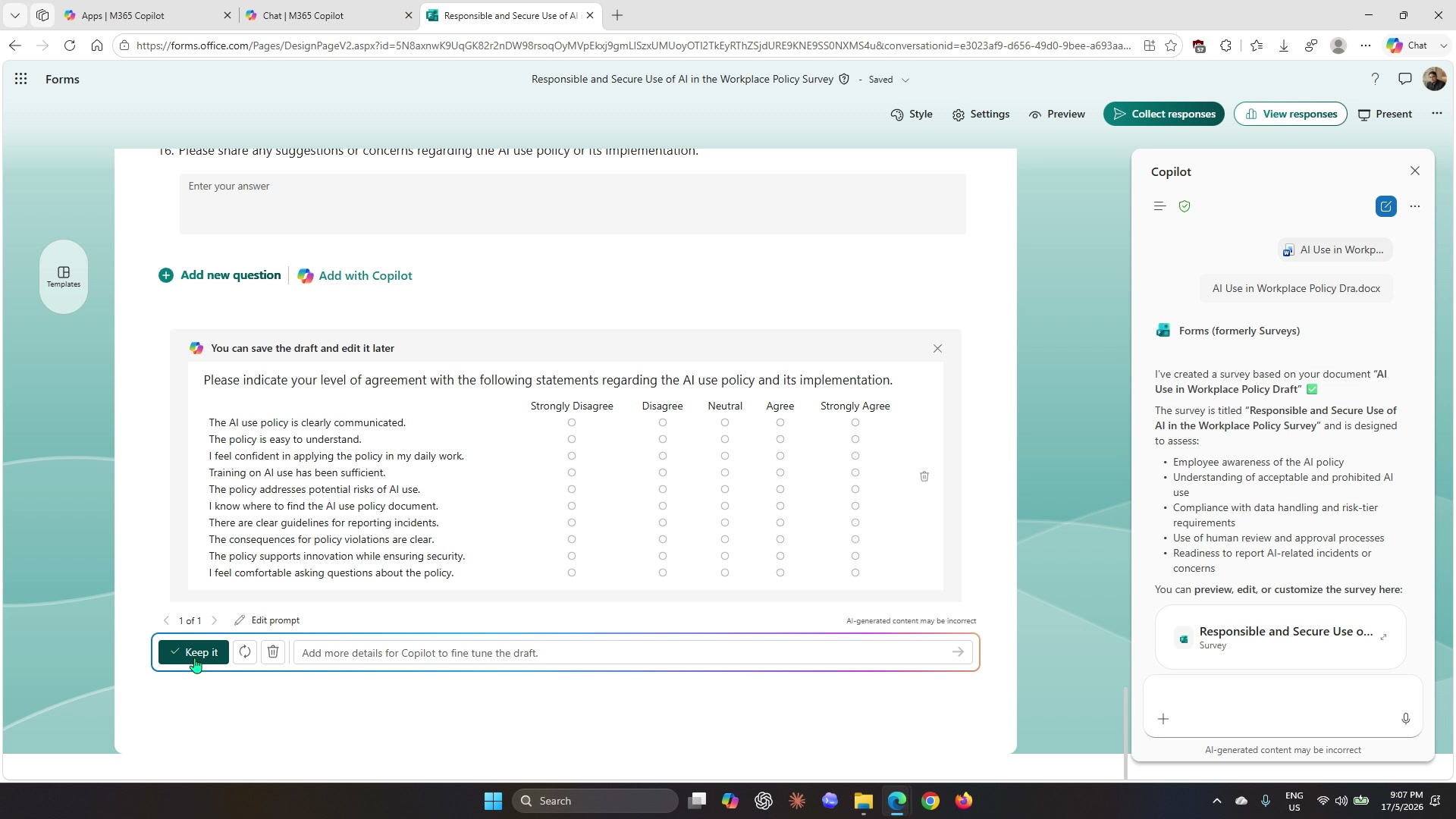 Forms editor showing the Add with Copilot dialog and the generated Likert scale questions with the Keep it button highlighted