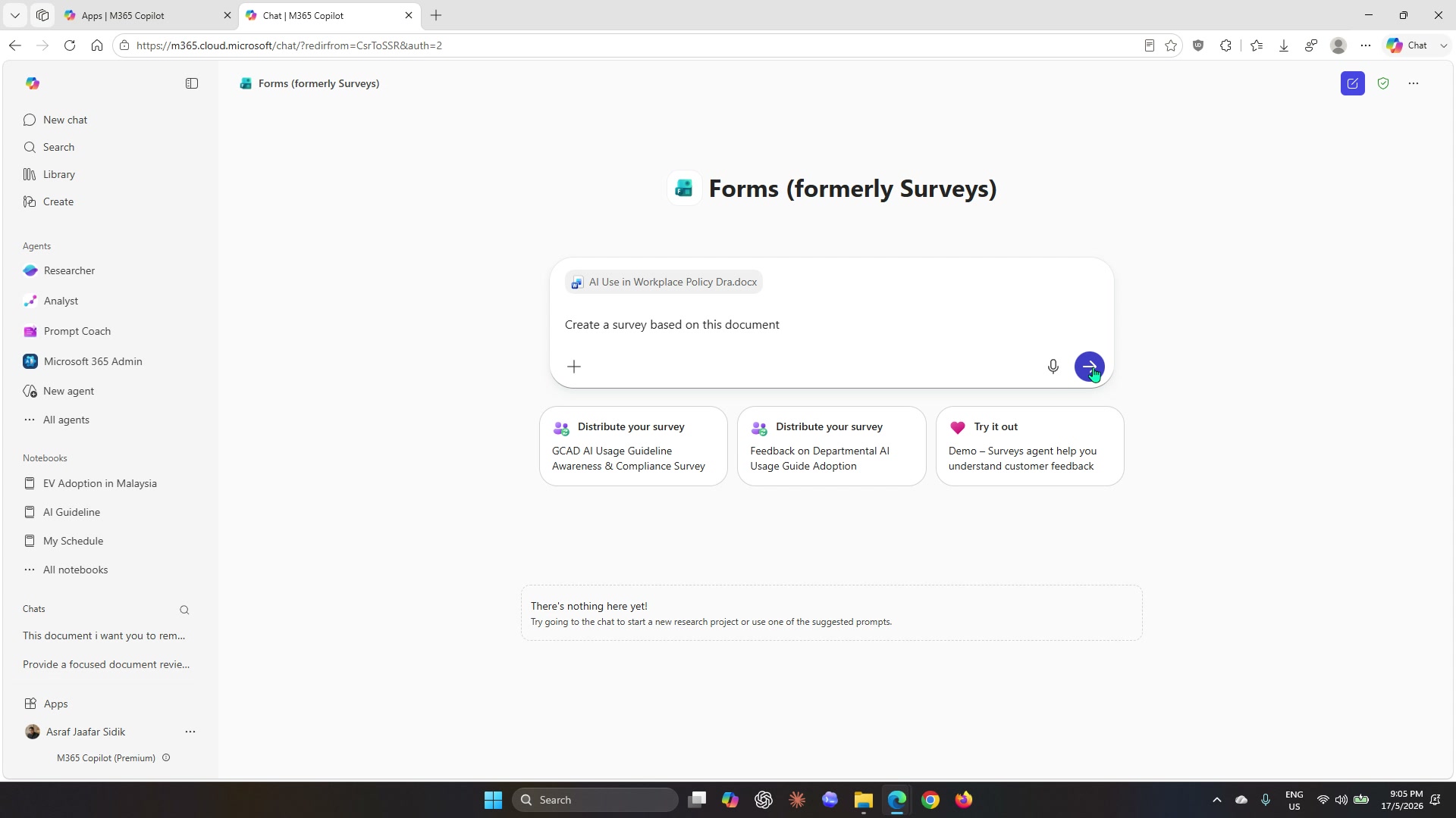 Forms agent interface in Microsoft 365 Copilot showing the prompt field and suggested surveys