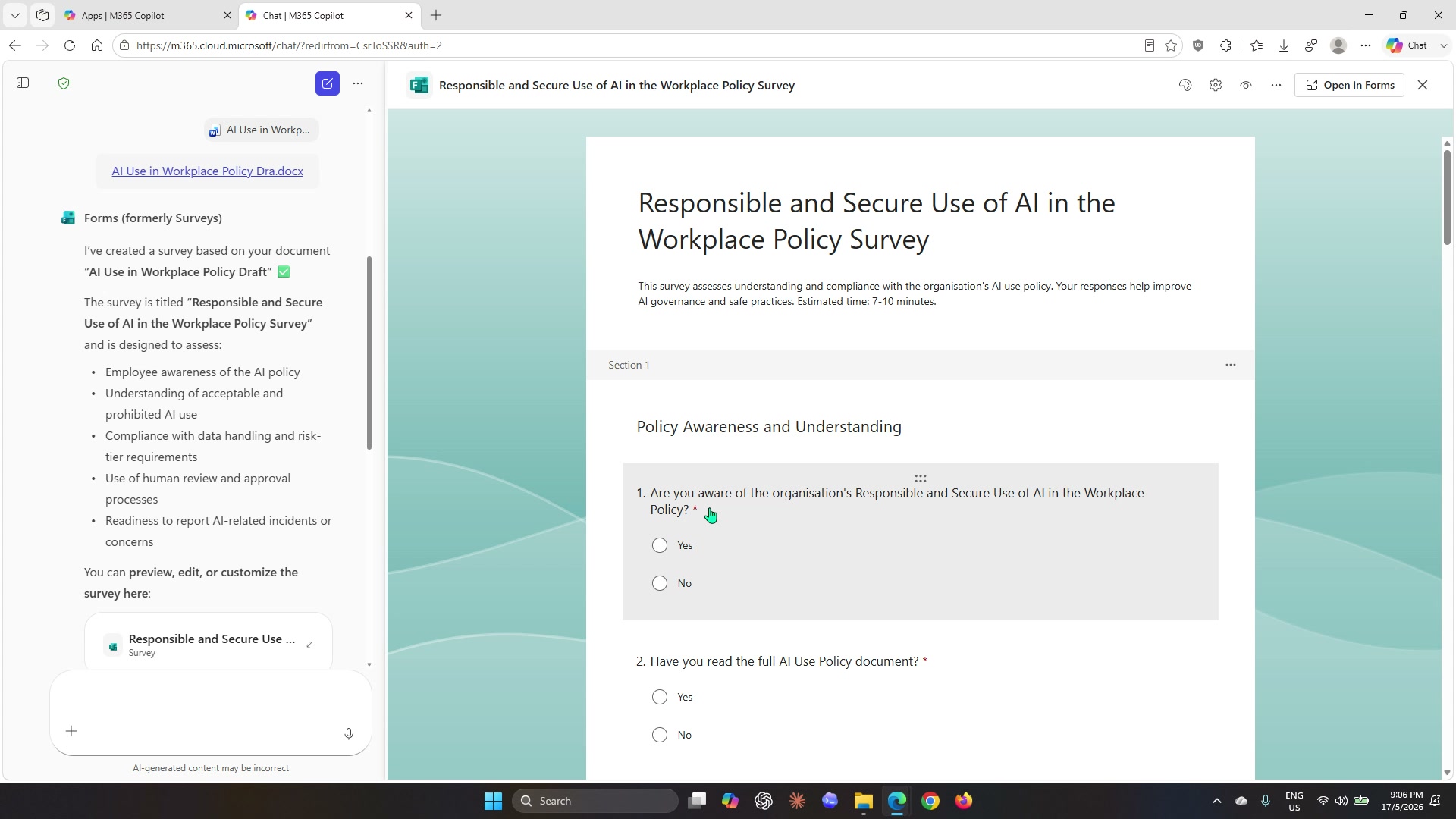 Generated survey in split-screen showing the title and first questions alongside the Copilot response